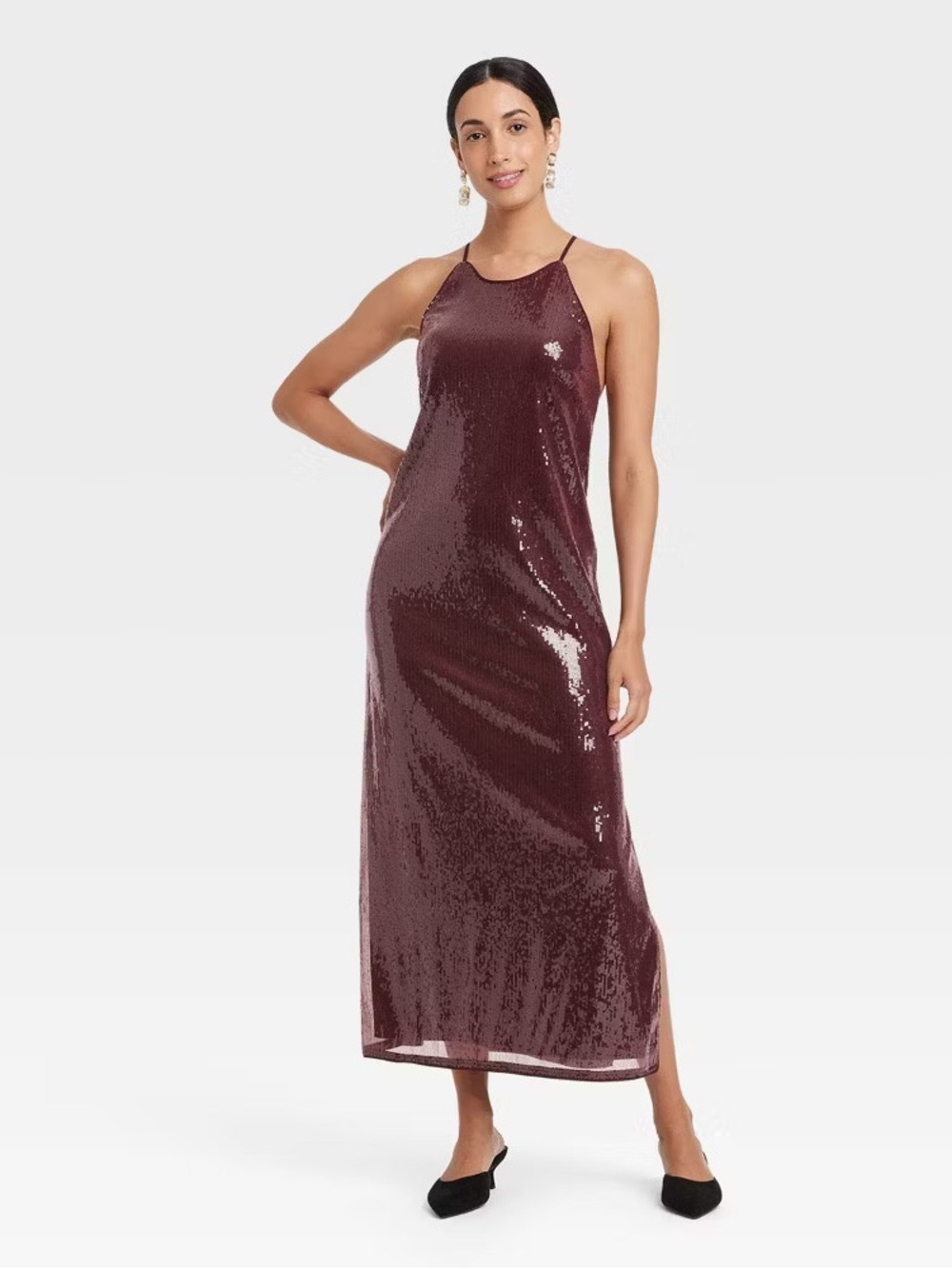 NWT A New Day Sequin Midi A-Line Dress Halter Neckline Side Slit